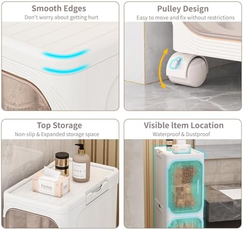 4 Tier Slim Bathroom Storage Cabinet, Foldable and Movable, Beige - Image 3