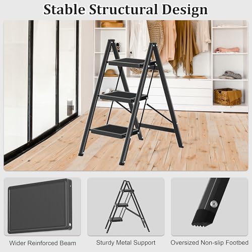 DIAMONDFORGE 3 Step Ladder, Folding Step Stool with Anti-Slip Wide Pedal, Soft Handle, Anti-Slip Feet, Sturdiest Steel Construction, 500lbs Capacity Steel Ladder for Home and Office, Black - Image 4
