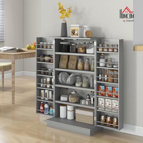 HOMCOM 41" Kitchen Pantry Storage Cabinet 12 Door Shelves Gray - Image 2