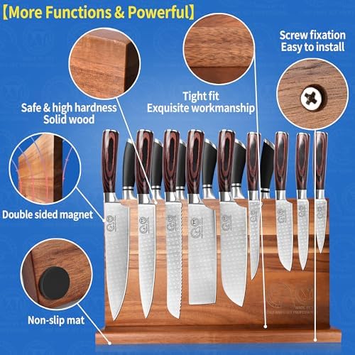 XYJ Extra Large Magnetic Knife Block Acacia Wood Knife Set Holder Stand With Stronge Magnetic Strip Kitchen Knives Storage Rack Organizer Tools No Drilling - Image 5