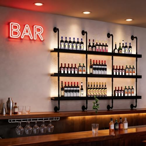 Wall Mounted Wine Rack with LED Light - 3-Tier Solid Wood Industrial Rustic Floating Shelves, Bottle Storage Organizer for Kitchen, Bar, Pub, Cellar, Home Bar (Walnut, 221cm/87in) - Image 6