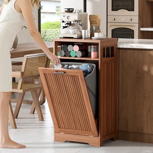 Pet-Proof Single 13 Gallon Tilt Out Trash Can Cabinet with Open Storage – Hide Garbage & Recycling Bins to Keep Your Kitchen Clean and Organized,Walnut - Image 2