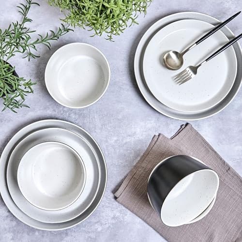 Sango 12-Piece Stoneware Dinnerware Set for 4, Modern White & Black Plates and Bowls Sets with Speckled Glaze, Durable Kitchen Ceramic Dish Set, Microwave & Dishwasher Safe Everyday Dishes, Stockholm - Image 4