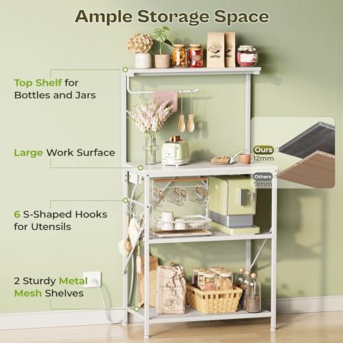 Huuger 4-Tier Bakers Rack with Reversible Power Outlet, 23.6 Inch Microwave Stand, Kitchen Coffee Bar, with Top Shelf, 6 S Hooks, White - Image 5