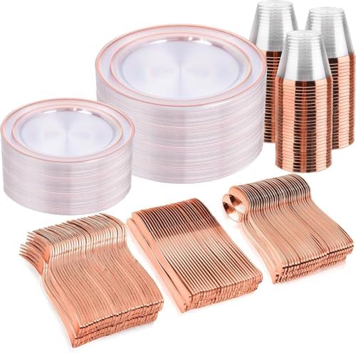 bUCLA 300PCS Rose Gold Plastic Dinnerware - Clear Dinnerware Set Disposable Include 50 Dinner Plates,50 Dessert Plates,50 Knives,50 Forks,50 Spoons,50 Cups for Party & Wedding by BUCLA