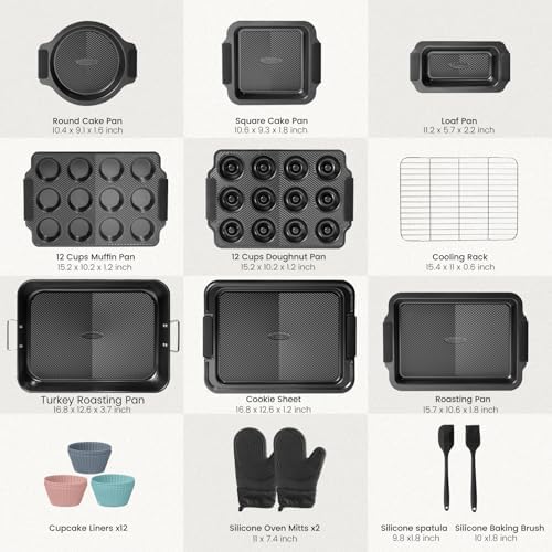 Kikcoin 25-Piece Nonstick Baking Pans Set with Large Turkey Roasting Pan, Stackable Ceramic Bakeware Set, 450°F Oven Safe Baking Sheet Set with Silicone Handles, Cookie Sheets for Baking, Black - Image 2