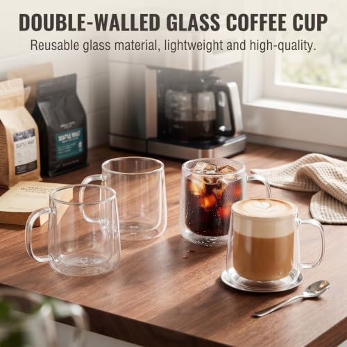 Patelai Glass Coffee Mugs Set of 4, 12 oz Clear Double Walled Coffee Cups Glasses Insulated Latte Mugs with Handle Espresso Clear Cups for Hot and Cold Beverages - Image 5