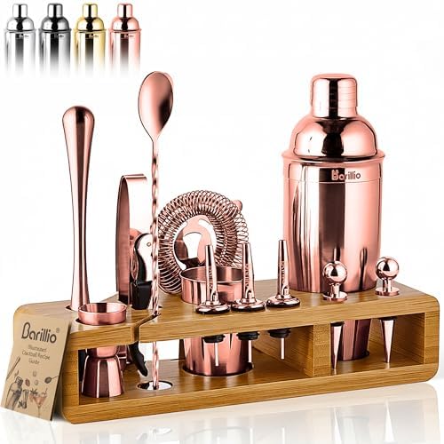 Barillio Rose Gold Bartender Kit - Stainless-Steel Cocktail Shaker Set w/Bamboo Stand - Mixology Bar Tools w/Drink Shaker, Mixer and Muddler for Cocktails - Home Bar Accessories - 23-Pc Bar Set by Barillio