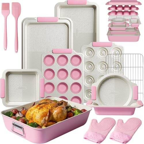 Kikcoin 25-Piece Nonstick Baking Pans Set with Large Turkey Roasting Pan, Stackable Bakeware Set, 450°F Oven Safe Baking Sheet Set with Silicone Handles, Carbon Steel Cookie Sheets for Baking, Pink by Kikcoin