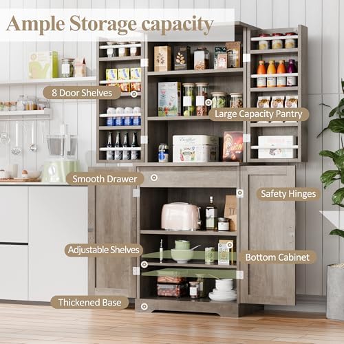 Vongrasig Kitchen Pantry Storage Cabinet with Barn Doors, Drawer and Adjustable Shelves, 6-Tier Tall Rustic Wood Cupboard Locker for Kitchen, Dining Room, Living Room, Bathroom, Rustic Grey - Image 6