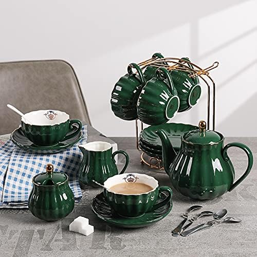 Sweejar Home British Royal Porcelain Tea Set, 8 OZ Cups & Saucer Service for 6, with Teapot, Sugar Bowl, Creamer, Pitcher & Teaspoons, High Tea, Wedding, Party (Jade) - Image 2