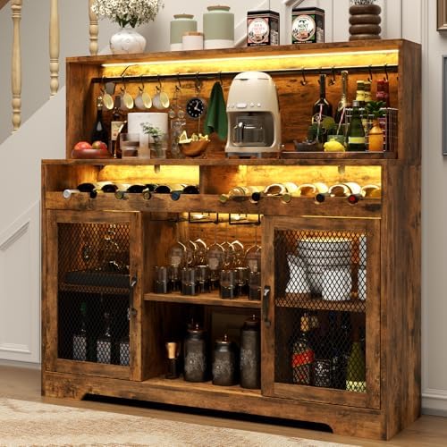 Loomie Wine Bar Cabinet with LED Light, Liquor Cabinet with Glass Holder, Coffee Bar for Liquor, Storage Buffet with Wine Racks, Wine Cabinet with Mesh Door (Rustic) by LOOMIEDirect