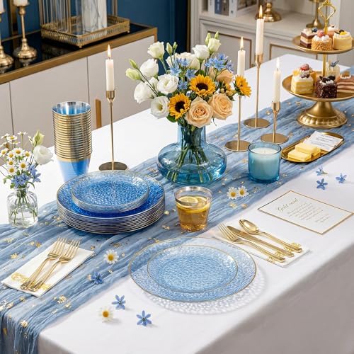 Rubtlamp 350 Pcs Clear Blue Plastic Plates, Blue Gold Plastic Dinnerware Set (50 Guests), Blue Disposable Plates With Gold Rim, Hammered Party Plates Set for Wedding And Party - Image 4