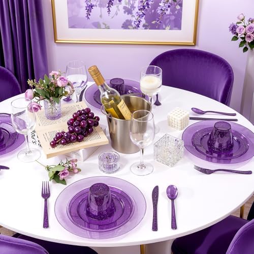 DaYammi 210PCS Purple Glitter Plastic Dinnerware Set for 30 Guests - Image 4