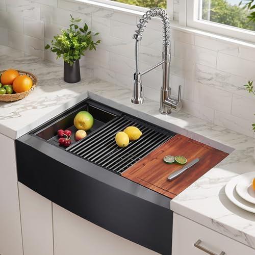 VAPSINT 33 Inch Black Farmhouse Kitchen Sink, 33x20x9 Inches Stainless Steel Undermount 16 Gauge Deep Single Bowl Apron Front Workstation Ledge Farm Sink with Accessories - Image 2