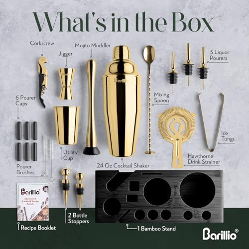Barillio Gold Bartender Kit - Stainless-Steel Cocktail Shaker Set w/Black Bamboo Stand - Mixology Bar Tools w/Drink Shaker, Mixer, and Muddler for Cocktails - Home Bar Accessories - 23-Pc Bar Set - Image 5