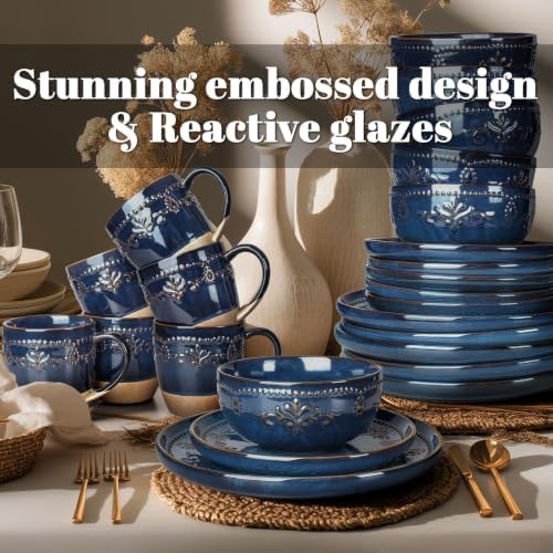 Artena 24-Piece Handcrafted Ceramic Dinnerware Set with Mugs, Service for 6 – Reactive Glaze Embossed Plates, Bowls & Mugs, Dishwasher & Microwave Safe, Blue, Damask Floral - Image 3