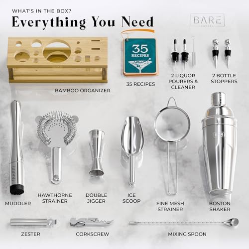 BARE BARREL® Mixology Bartender Kit Bar Set | 16-Piece Cocktail Shaker Set | Martini Barware Mixing Tools for Home Bartending | Incl. 35 Recipe Cards | Gift Set (24oz Cobbler Shaker, Silver/Natural) - Image 4
