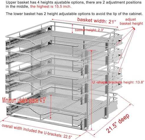 DINDON Pull Out Cabinet Organizer (22-1/2" W x 21-1/2"D), Cabinet Pull Out Shelves, 2 Tier Pull Out Drawers for Kitchen Cabinets, Wire Basket Slide Out Shelf, Pot and Pan Organizer - Image 2