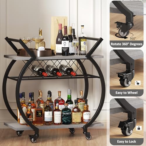 LVB Bar Carts for the Home, Industrial Wine Cart with Storage, Grey Oak - Image 5