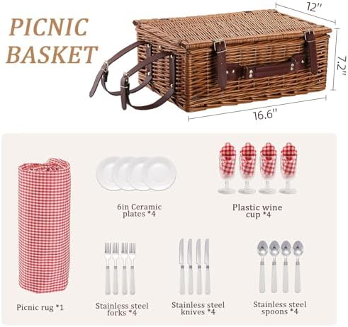 Red Plaid Wicker Picnic Basket for 4 with Waterproof Blanket - Image 3