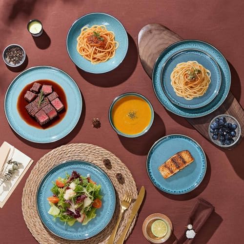 LIANYU Stoneware Dinnerware Sets with Pasta Bowls for 4, Pastel Turquoise - Image 5