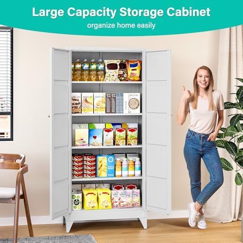 SISESOL Wide & Deep Pantry Storage Cabinet with 2 Doors and 5 Shelves,72 inch Tall Metal Storage Cabinet,Large Cupboard,White Cabinets for Home,Kitchen,Bathroom,Dining/Living Room - Image 3