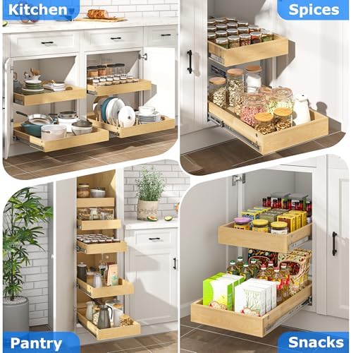 WelFurGeer 2-Tier Pull Out Cabinet Organizer with Soft Close Slides, Heavy-Duty Pull Out Drawers for Cabinets, Slide Out Shelf for Kitchen, Bathroom, Pantry & Under Sink, Solid Birch Wood - Image 7