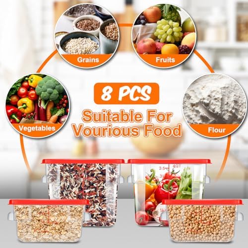 Suclain 8 Pcs Food Storage Container with Lids Set 2qt and 4qt Square Clear Commercial Containers with Scales Handles for Home Restaurant Kitchen Food Storage, Marinating Meat, Proof Dough (Red) - Image 4