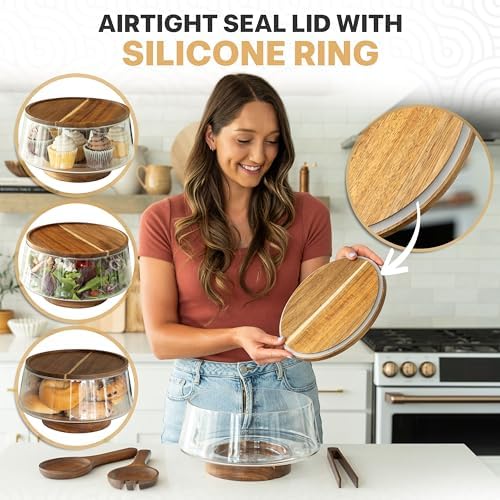 Large Glass Salad Bowl with Lid Set, 5.7 L Decorative Glass Mixing Bowl, Trifle and Serving Bowls with Lids as Cheese Charcuterie Board and Plate, Comes with Wood Serving Utensils - Image 5