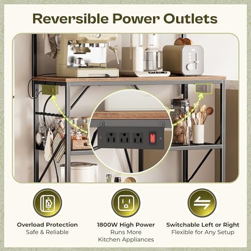 Huuger 4-Tier Bakers Rack with Reversible Power Outlet, 31.5 Inch Microwave Stand, Kitchen Coffee Bar, with Top Shelf, 6 S Hooks, Rustic Brown - Image 4
