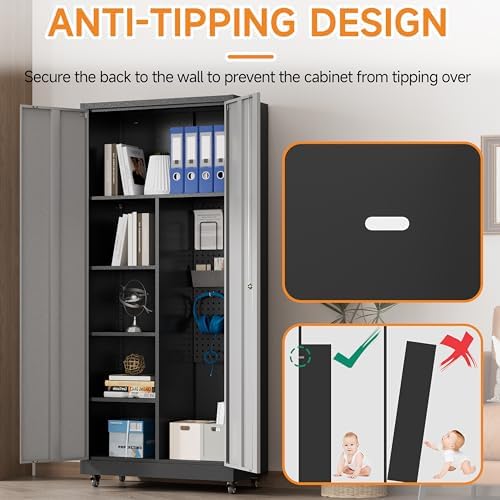 Metal Garage Storage Cabinet with 2 Doors, Adjustable Rolling Tool Storage Cabinet with Lock, 71" Steel Locking Broom Closet with Wheels and Shelves for Garage, Warehouse(Black&Gray, 71" H) - Image 6