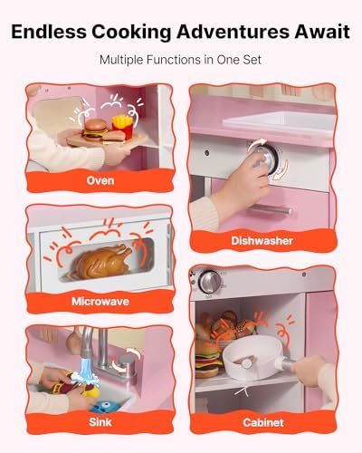 VEVOR Play Kitchen for Kids, Wooden, Kids Kitchen Playset with Real Lights & Sounds, Food & Cookware Accessories, Pretend Play Toy Set, Range Hood, Microwave, for Toddlers, Girls & Boys Ages 3-8, Pink - Image 3
