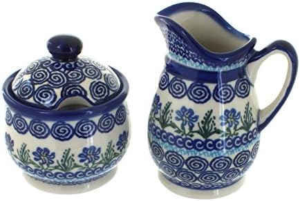 Blue Rose Polish Pottery - Blue Charleston Cream & Sugar Set - 12 oz Creamer - Hand-Painted Polish Pottery Ceramic Creamer & Sugar Bowl with Lid by BlueRosePottery