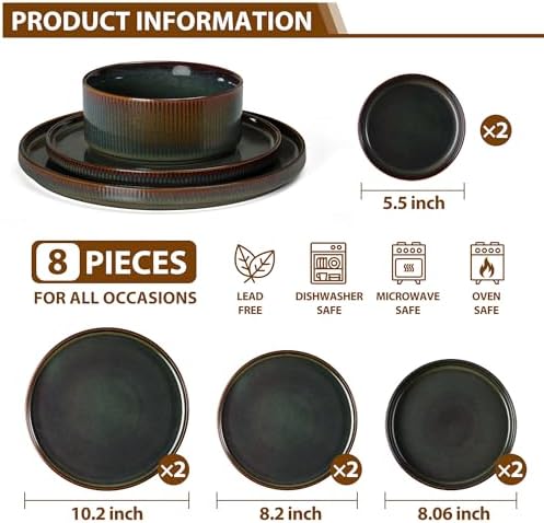 LIANYU Dinnerware Sets with Pasta Bowls, 8 Piece Ribbed Dinnerware Plates and Bowls Set for 2, Elegant Modern Stoneware Dishes Set for Kitchen Dining, Microwave and Dishwasher Safe, Jungle Green - Image 2