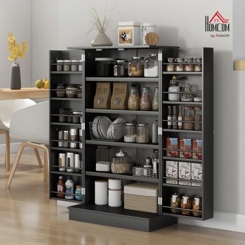 HOMCOM 41" Kitchen Pantry Storage Cabinet 12 Door Shelves Black - Image 2