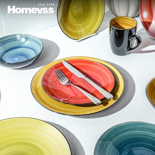 HomeVss, Stoneware Sonoma 16pc Dinnerware Set, Black + Speckled Spin Wash, Mix Blue, Green, Red, Yellow - Image 4