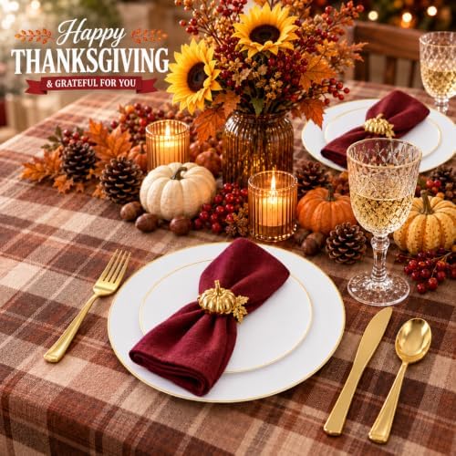 KIRE 175PCS Gold Plates Disposable - Heavy Duty White and Gold Plastic Plates Dinnerware Sets - 25 for Dinner 25 for Dessert 25 Pre Rolled Napkins and 25 Cups for Wedding/Party/Halloween/Thanksgiving - Image 6