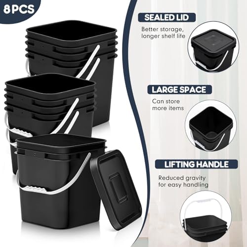 Mumufy 8 Pcs 3.5 Gallon Square Food Grade Bucket with Lid, Black - Image 3