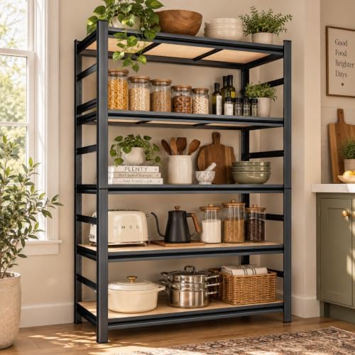 Kitchen Organization, 5 Tier Wooden Kitchen Shelf, 2500 LBS Adjustable Bakers Rack, Heavy Duty coffee bar, Split Into 2 Units, Appliance & Pantry Organizer, 28" Wx 12" Dx 64" H by BEESTMUEBLE