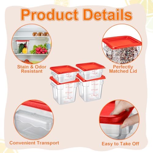 Suclain 8 Pcs Food Storage Container with Lids Set 2qt and 4qt Square Clear Commercial Containers with Scales Handles for Home Restaurant Kitchen Food Storage, Marinating Meat, Proof Dough (Red) - Image 3
