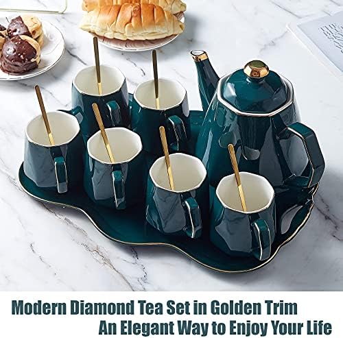 DUJUST 14 pcs Tea Set of 6 with Tray & Spoons, Modern Diamond Design Tea/Coffee Cup Set with Golden Trim, Chic Porcelain Living Room Decor, Fine-China Teapot Party Set, Gift Package - Green - Image 2