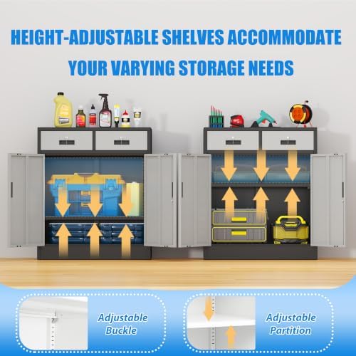 BESFUR Metal Storage Cabinet with Doors and Shelves, 36" H Locking Storage Cabinet with 2 Drawers, Reinforced Heavy Duty Metal Cabinets for Garage, Office, Home(Black and Silver) - Image 4