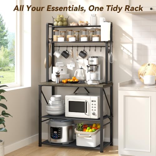 YASONIC Coffee Bar, Bakers Rack with Storage, 25.6 Inches Microwave Stand, 5 Tier Kitchen Shelves Appliance Storage, 12 S Hooks Large Coffee Station for Spices, Pots and Pans, Gray - Image 2