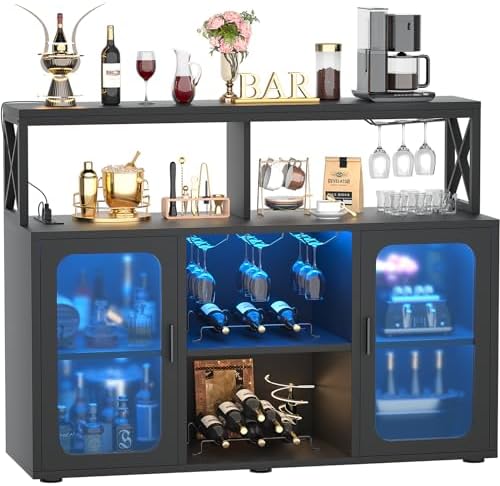 Aheaplus Bar Cabinet with Power Outlets, Liquor Cabinet with Led Lights and Glass Holder, Storage Buffet Cabinet Coffee Bar Cabinet for Liquor, Wine Cabinet with Racks -G2, Black by Aheaplus