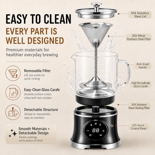 Electric Percolator Coffee Pot, Glass & 304 Stainless Steel, 600ml - Image 3