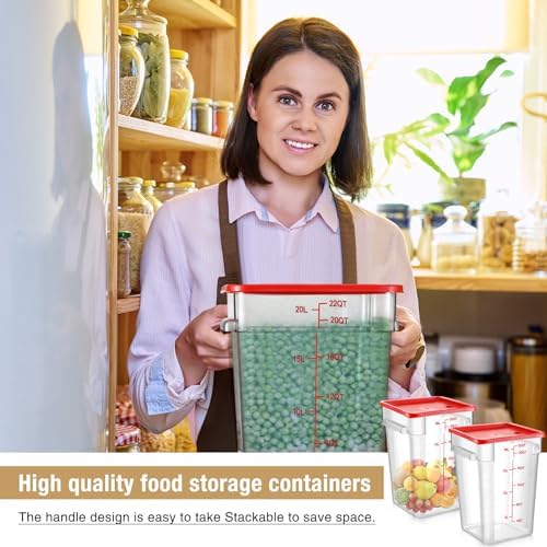 Suclain 2 Pcs Square Food Storage Container Polycarbonate Clear Food Container with Lid Commercial Rice Storage with Graduations for Commercial Kitchen(22 Qt,Red) - Image 4