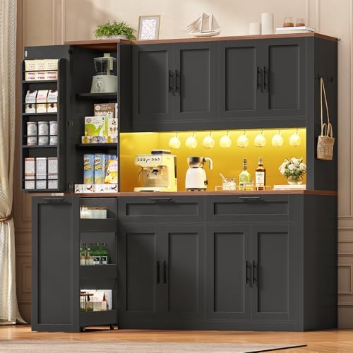 Itaar 71" Kitchen Pantry Cabinet with Charging Station and Led Light, Kitchen Storage Cabinets with Microwave Stand, 59" Wide Pantry Storage Cabinet with Storage Cart 3 Tier for Dining Room, Black by Itaar