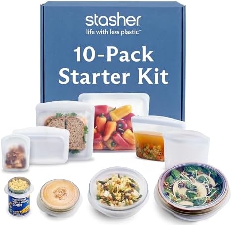 Stasher Reusable Silicone Bags and Stretch Lids, 10-Pack Starter Kit, Clear by Stasher