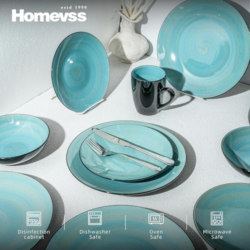 HomeVss, Stoneware Sonoma Dinnerware Set, Black + Speckled Spin Wash Turquoise - Image 3
